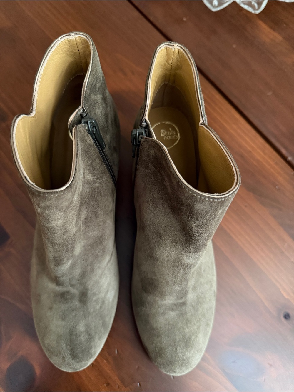 Suede Ankle Booties in Olive with Subtle Gold Trim